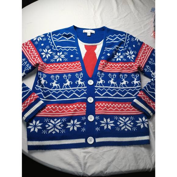 Jolly Ugly Christmas Sweater Fair Isle Faux Tie Men's XL Festive Holiday Party - Picture 1 of 3